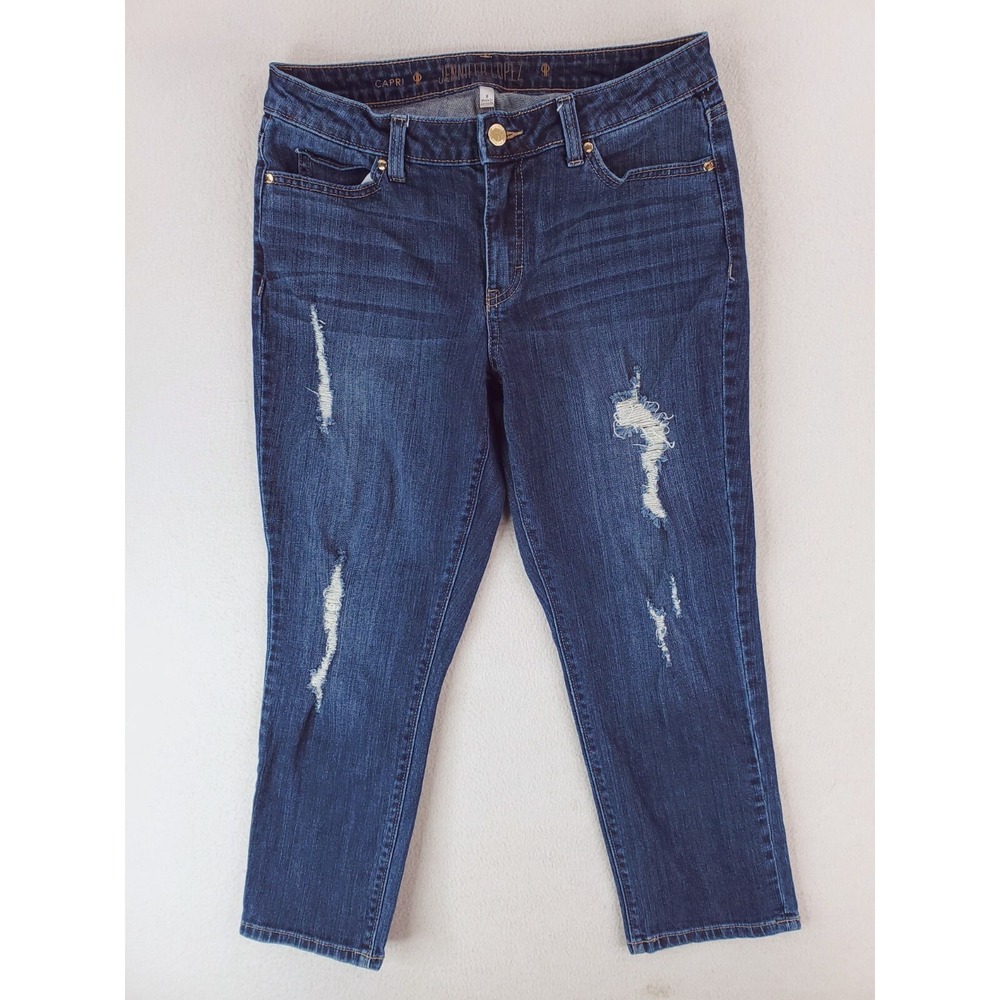 Jennifer Lopez Jeans Womens 8 Blue Capri Pant Stretch Denim Distress Medium Wash